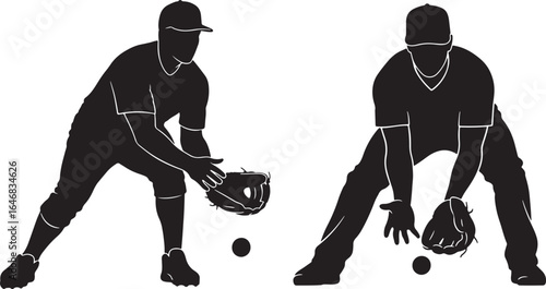 Silhouettes of baseball infielders in defensive fielding position ready to catch a ground ball
