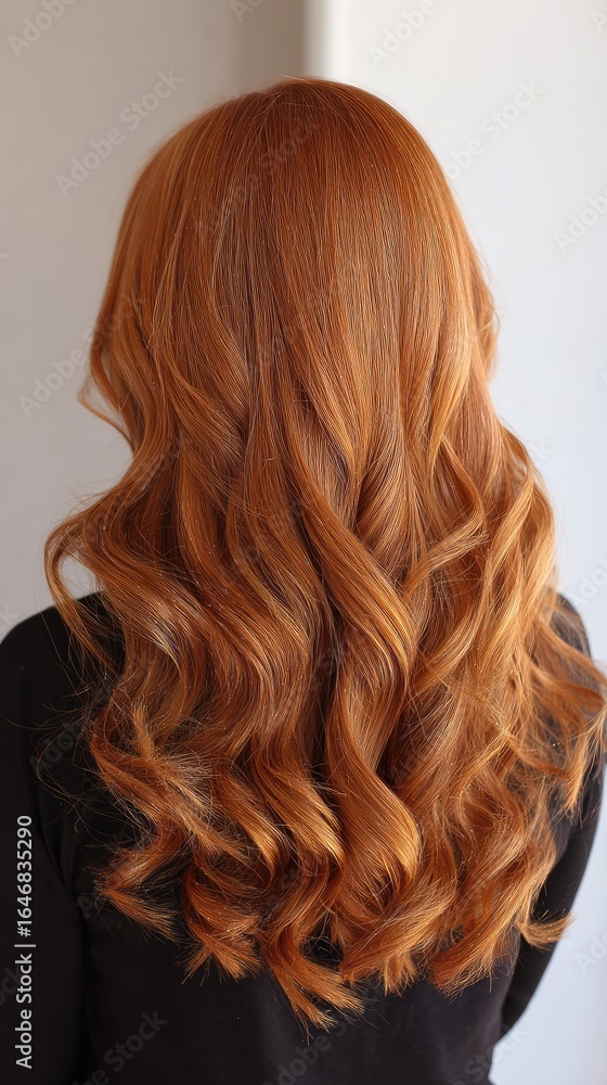 Fototapeta premium Woman with long red hair curls, stands against solid wall background, back view