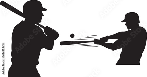 Silhouette of two baseball players one hitting a fastball with the other player pitching