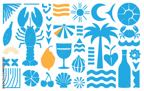 Blue and orange summer-themed icons on a white background, including a lobster, palm tree, sun, waves, cocktail, and shell, conveying a beach vibe.
