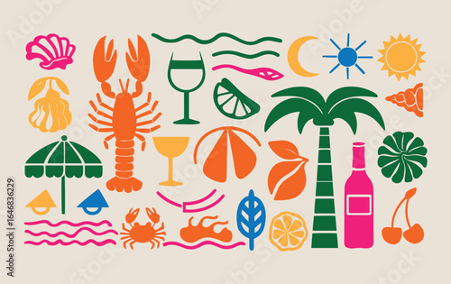 Colorful nautical illustration with lobster, crab, palm tree, shells, drinks, and sun motifs. Vibrant tones evoke summer, vacation, and leisure.