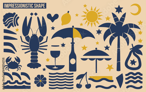 Stylized beach-themed collage with navy blue and yellow icons on tan background. Includes palm trees, sun, moon, lobster, waves, and stars. Vibrant and playful.