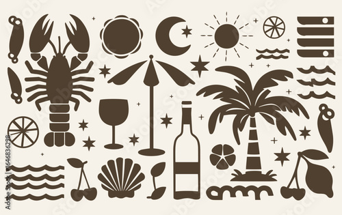 Brown silhouette icons on a beige background depict summer themes a lobster, palm tree, sun, moon, umbrella, bottle, waves, and stars, creating a tropical vibe.