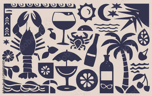 Silhouettes of tropical elements include a lobster, wine glasses, a palm tree, sun, moon, waves, and bottles. The style is whimsical and vacation-themed.