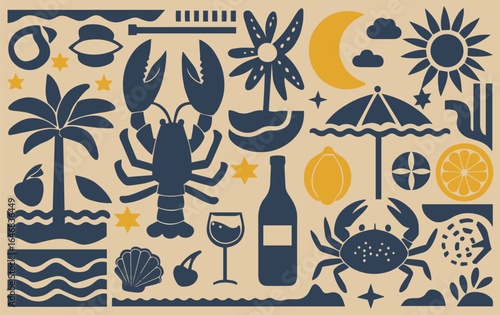 Stylized nautical collage in bold blue and yellow featuring palm trees, lobster, crab, sun, moon, wine, and beach motifs on a tan background.