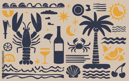 Abstract beach-themed illustration in dark blue and yellow on a beige background. Includes lobsters, palm trees, a crab, waves, and a sun, evoking a tropical vibe.