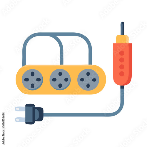 A yellow extension cord with three outlets and a plug isolated on white background