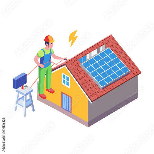 Worker installing solar panels on a house roof isolated on white background