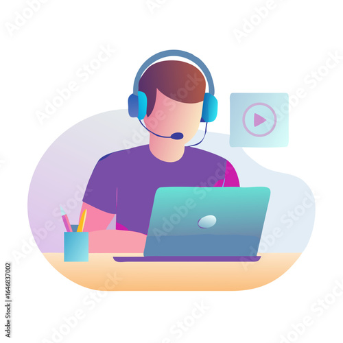Man with headset working on laptop isolated on white background