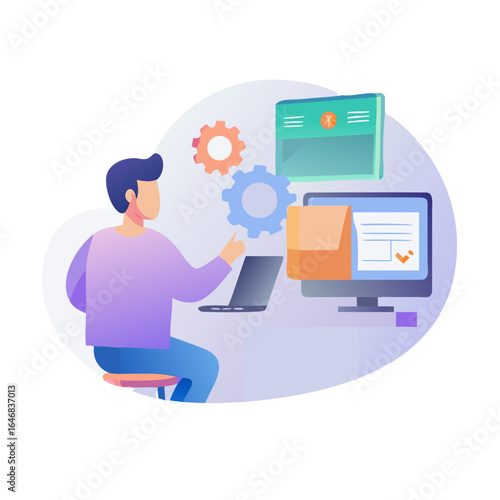 Wallpaper Mural Man working on computer with gears isolated on white background Torontodigital.ca