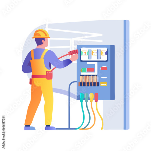 An electrician is working on electrical panel maintenance isolated on white background