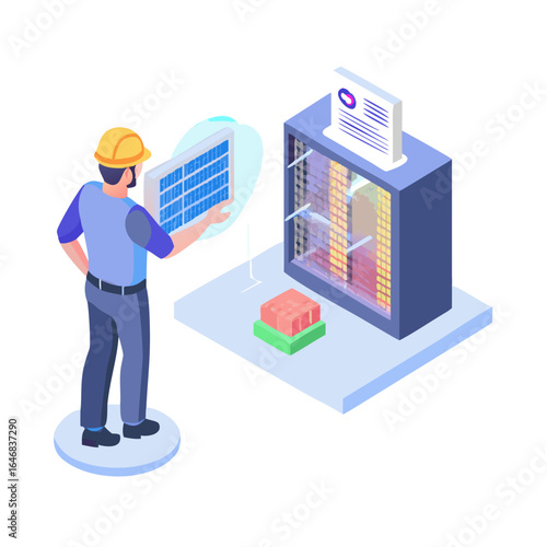 Engineer installing a solar panel on a server isolated on white background