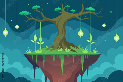 Enchanted floating island with a large tree and glowing lanterns