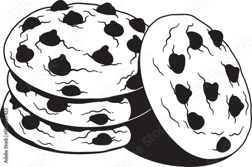 A black and white line art illustration of a stack of chocolate chip cookies with one leaning against the pile