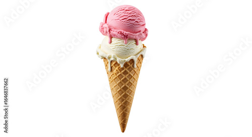 Double scoop ice cream cone strawberry and vanilla melting Waffle cone with dripping ice cream
