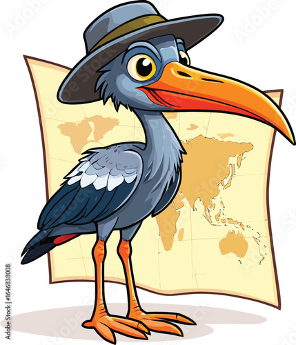 Cartoon Stork Traveler With Hat And World Map Whimsical Bird Illustration For Childrens Books Educational Materials And Travel Themed Designs In Vector Style