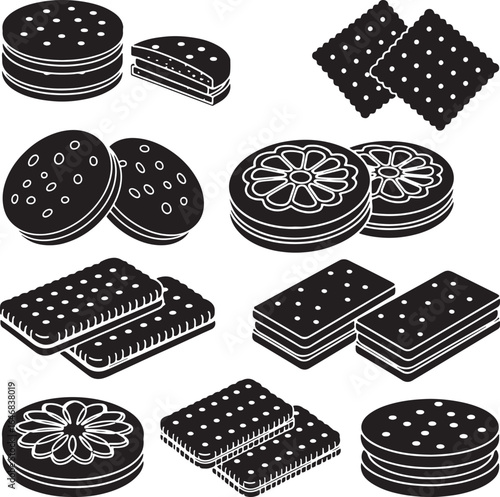 Double layered filled cookie biscuit cracker black silhouette vector illustration icon set