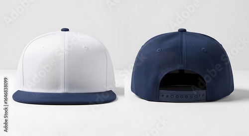 Front and back view of a blank two-tone snapback hat mockup. White and navy blue flat brim cap template for branding and design presentation.