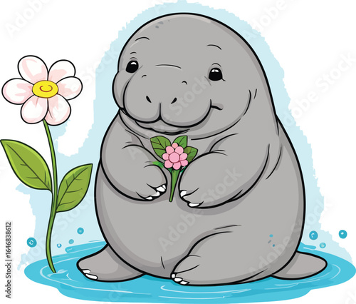Adorable Manatee With Flowers Illustration Whimsical Vector Artwork For Childrens Books Educational Material And Animal Themed Designs