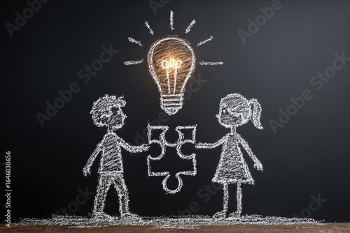 Chalk drawing of two children connecting a puzzle piece, a lightbulb above them