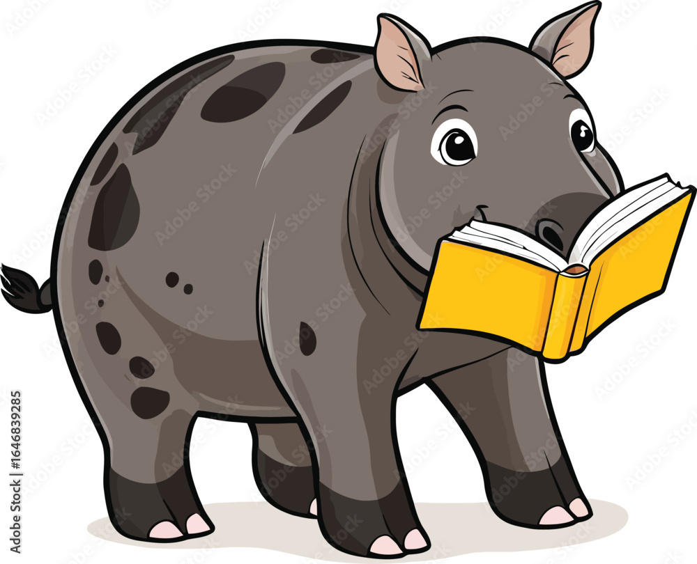 Fototapeta premium Cartoon Hippo Reading Book Playful Education Illustration For Childrens Storybooks And Educational Materials Highlighting Learning And Curiosity Perfect For Adding A Touch Of Whimsy To Designs