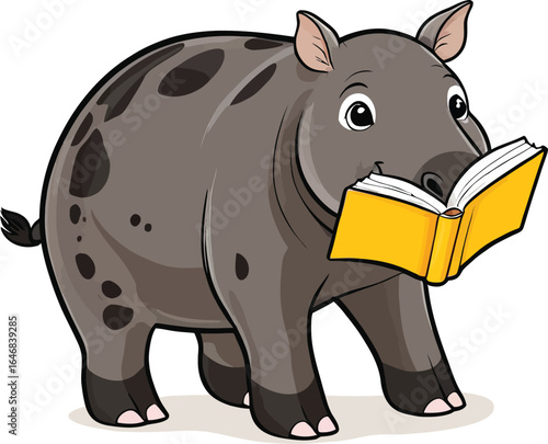 Cartoon Hippo Reading Book Playful Education Illustration For Childrens Storybooks And Educational Materials Highlighting Learning And Curiosity Perfect For Adding A Touch Of Whimsy To Designs