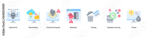 Digital Intrusion web banner icon vector illustration featuring Cybercrime, Data Backup, Infected Computer, Backdoor, Coding, Database Security, and Threat.