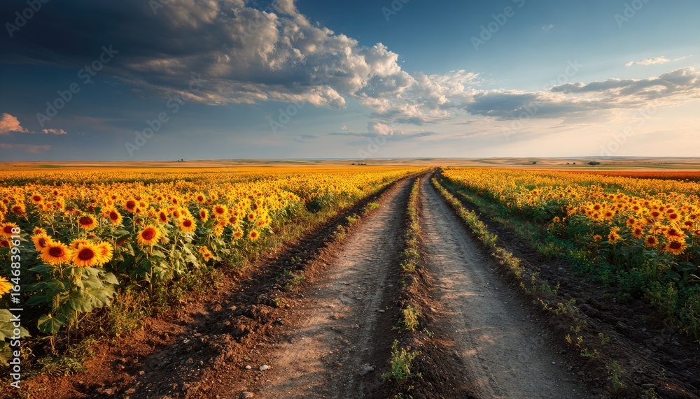 Naklejka premium Sunflowers field road at sunset
