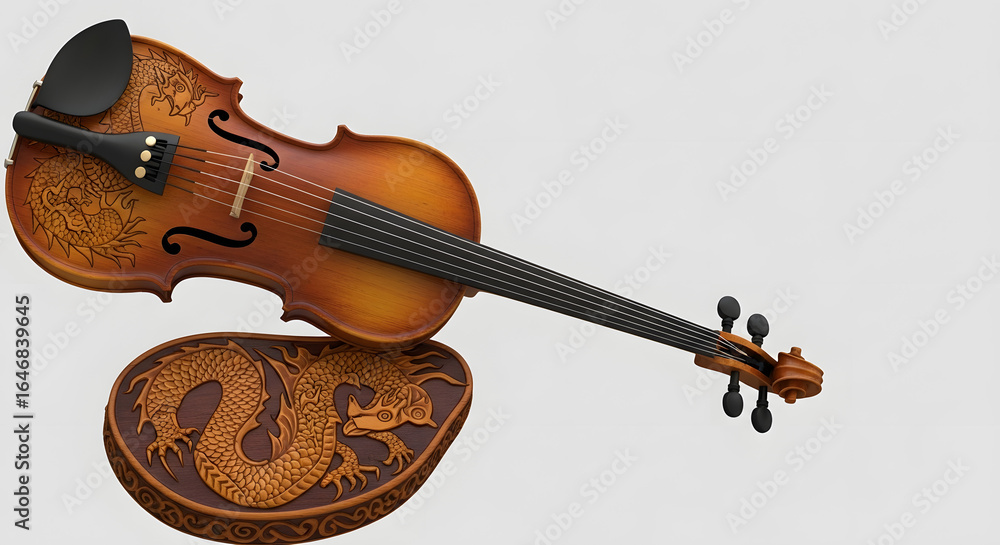 Fototapeta premium Violin with Dragon Carving Wooden Instrument Intricate Dragon Design on Body and Case