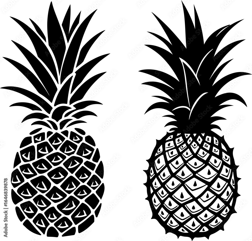 Obraz premium pineapple, fruit, tropical, silhouette, black and white, white, vector fruit, vector bundle