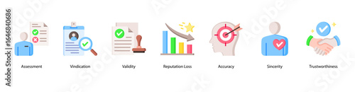 Truth and Review web banner icon vector illustration featuring Assessment, Vindication, Validity, Reputation Loss, Accuracy, Sincerity, and Trustworthiness.