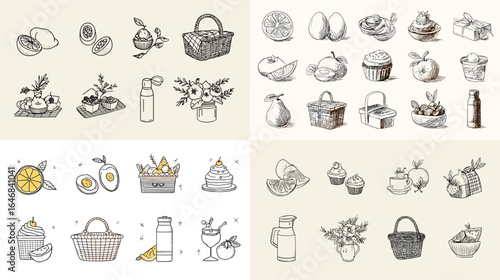 Hand-drawn picnic and food basket illustration set with fruits, drinks, desserts, and floral elements in vintage sketch style.