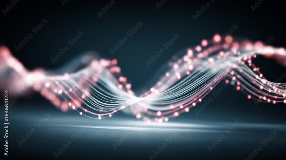 Glowing, wavy strands with bright dots, abstract backdrop