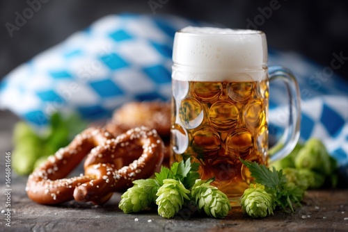 Beer mug filled with golden lager, pretzels, and fresh hops on wooden table