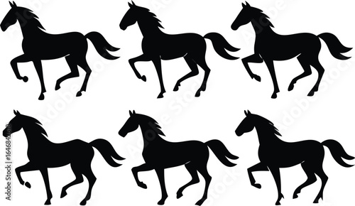 Six Black Horse Silhouettes in Motion on White Background horses animal