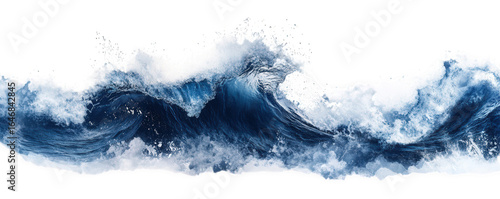 Dark blue ocean wave crashing and breaking with white foam isolated on transparent background