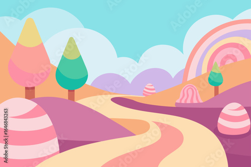 Whimsical candy land landscape with rainbow and striped hills