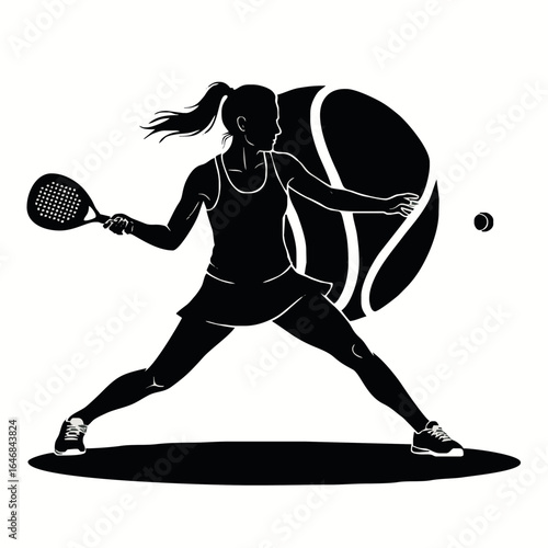 Silhouette of a female padel player powerfully hitting a ball.