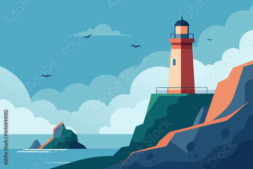 Coastal lighthouse on a cliff overlooking the ocean with birds and clouds