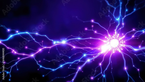 A vibrant display of electric energy with glowing purple and blue tendrils on a dark background
