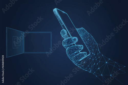 A digital art composition featuring a wireframe hand holding a glowing blue smartphone