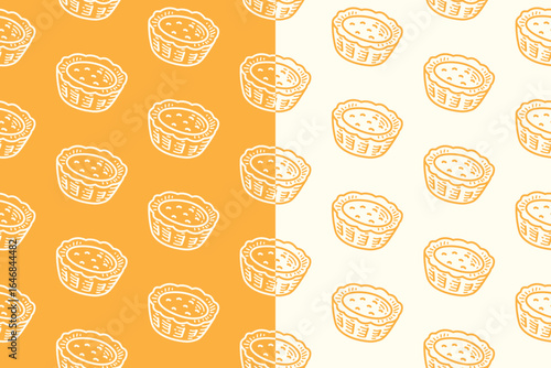 Egg tart bakery pastry line art seamless pattern on yellow white background. Custard tart engraving doodle pattern background. Asian sweet dessert hatching motif wallpaper. Vector Illustration