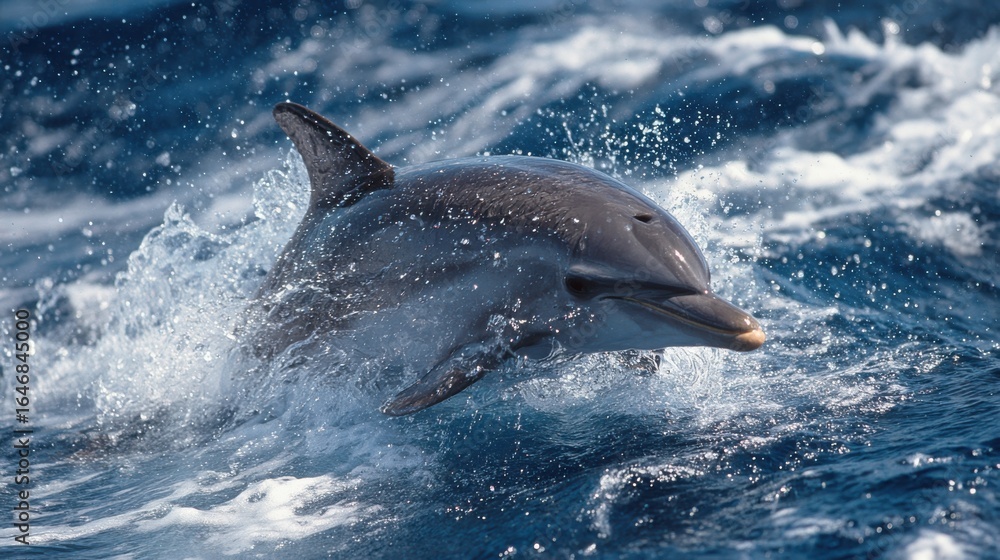Obraz premium A dolphin leaps from the ocean surface, creating splashes as it swims playfully. Bright sunlight highlights the vibrant blue of the ocean, showcasing the animal's agility
