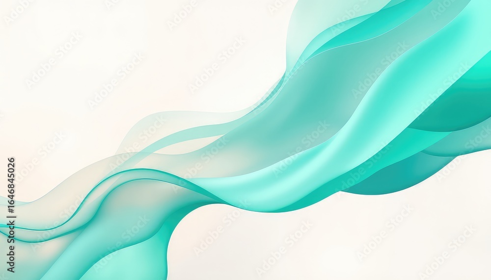 Fototapeta premium Flowing teal fabric forming graceful waves against a soft, light background suggesting fluidity and gentle movement