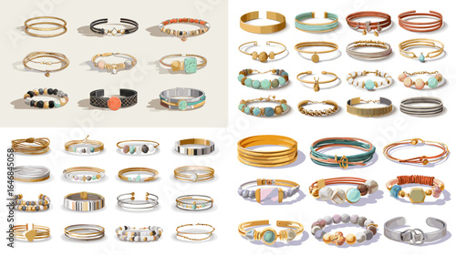 Elegant bracelet jewelry collection with gold, silver, beads, and gemstones in various designs, perfect for fashion, accessories, and luxury branding.