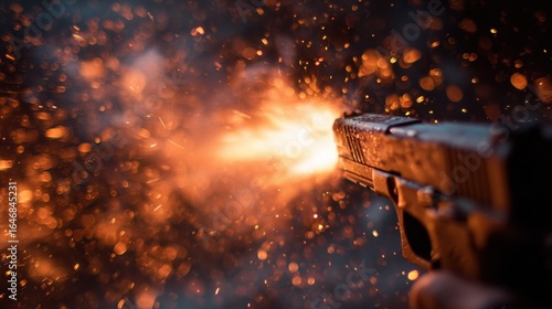 A pistol discharges in low light, creating a dramatic explosion of orange flames and flying sparks. The scene emphasizes the power and intensity of firearms in action