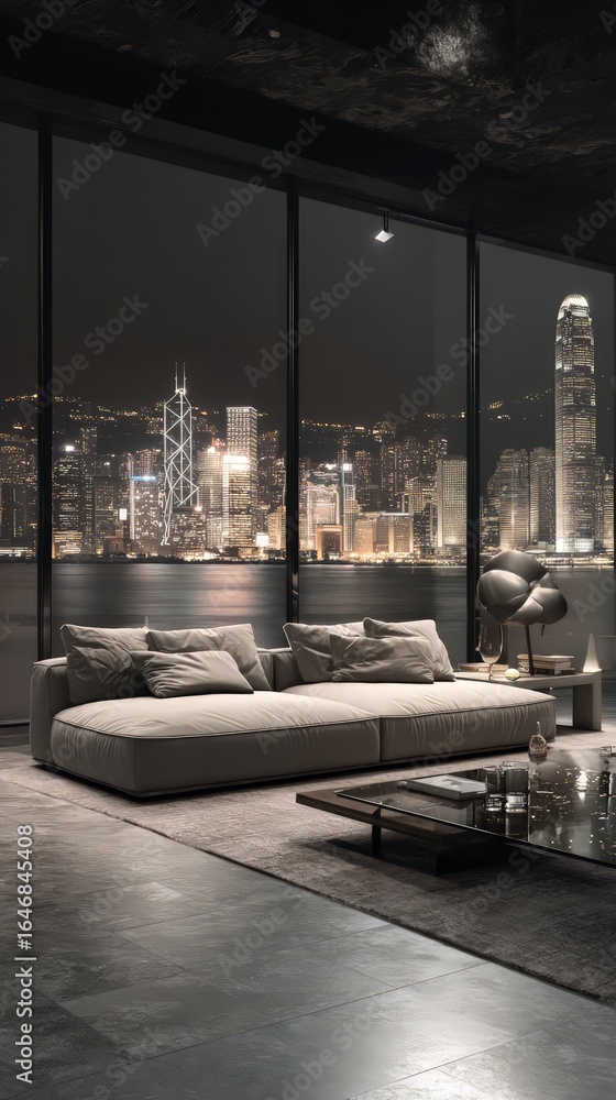 Fototapeta premium Modern Sectional Sofa With City View At Night In Hong Kong