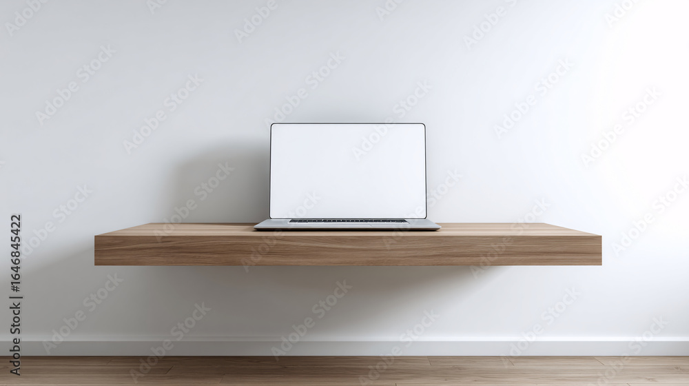 Minimalist floating wooden desk with blank generic laptop screen against seamless white wall, modern clean design Minimalist floating wooden desk with blank generic laptop screen against seamless white wall, modern clean design