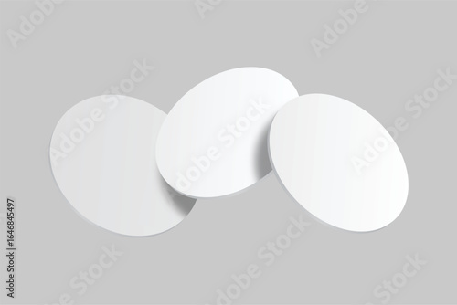 3D vector mockup of round blank beer coasters, isolated on background. Empty coaster lying for branding, pub, bar, restaurant, cafe, drinkware, bottle, can, cup holder and promotional product design
