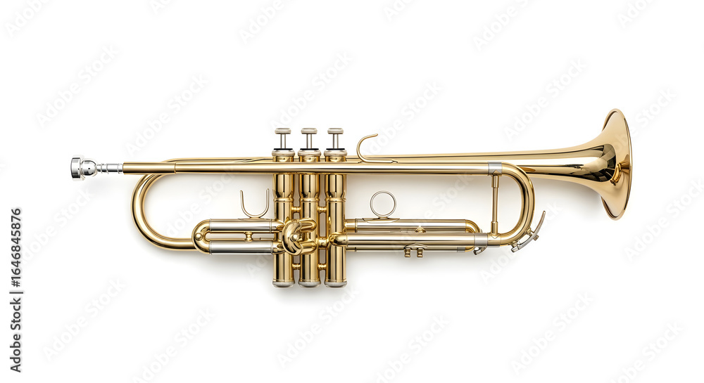Fototapeta premium Gold Lacquered Trumpet Isolated Transparent Background Overhead View Of A Musical Instrument